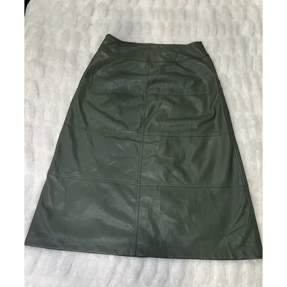 Cabi Dark Sage Green Faux Leather Paneled Midi Skirt Size 6 Front Slit Pockets
